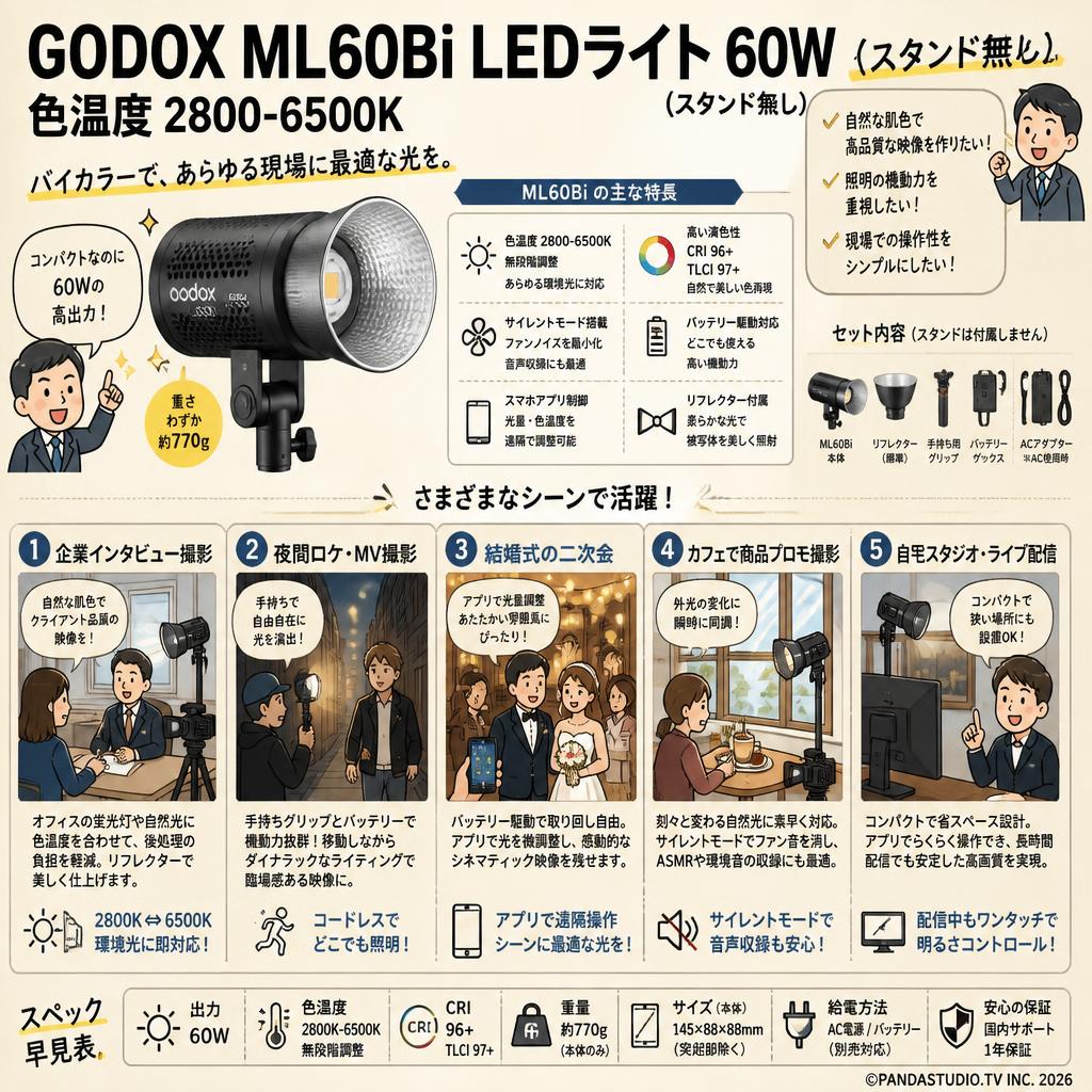 GODOX ML60Bi LEDライト 60W (スタンド無し) 色温度 2800-6500K 用途