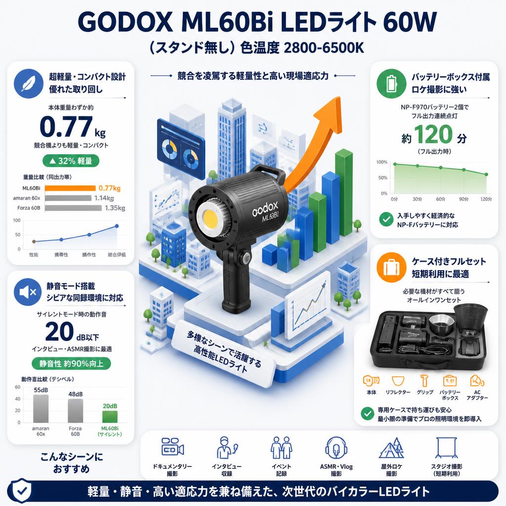 GODOX ML60Bi LEDライト 60W (スタンド無し) 色温度 2800-6500K セールスポイント