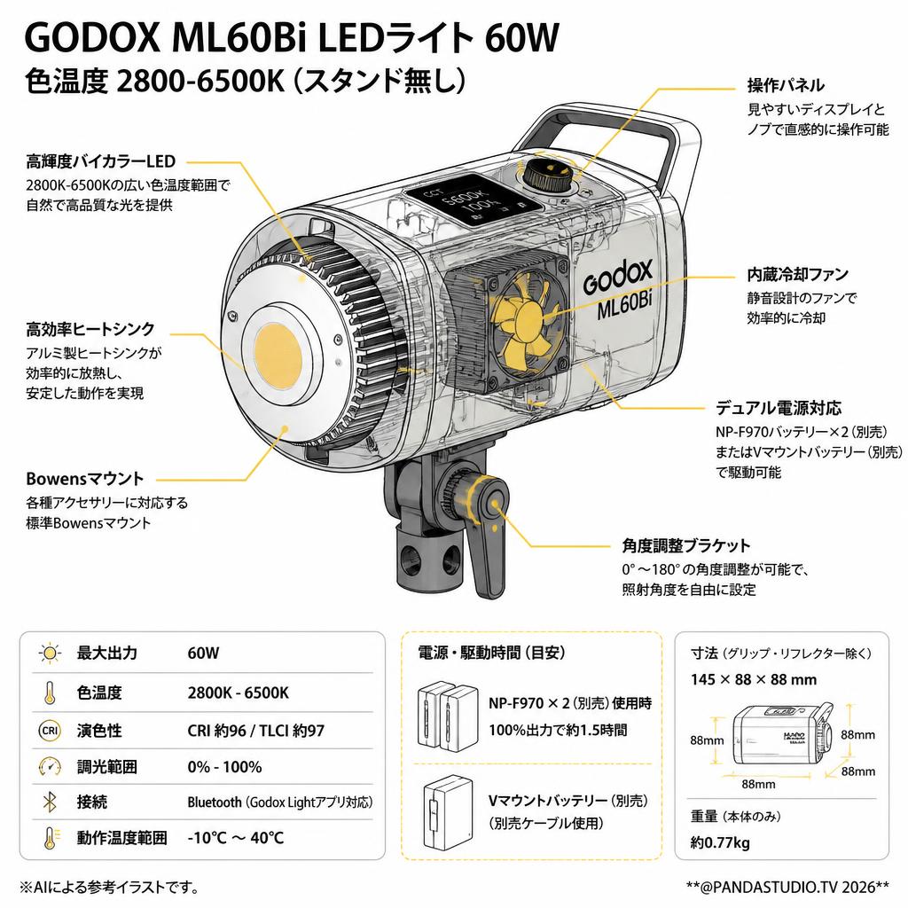 GODOX ML60Bi LEDライト 60W (スタンド無し) 色温度 2800-6500K スペック