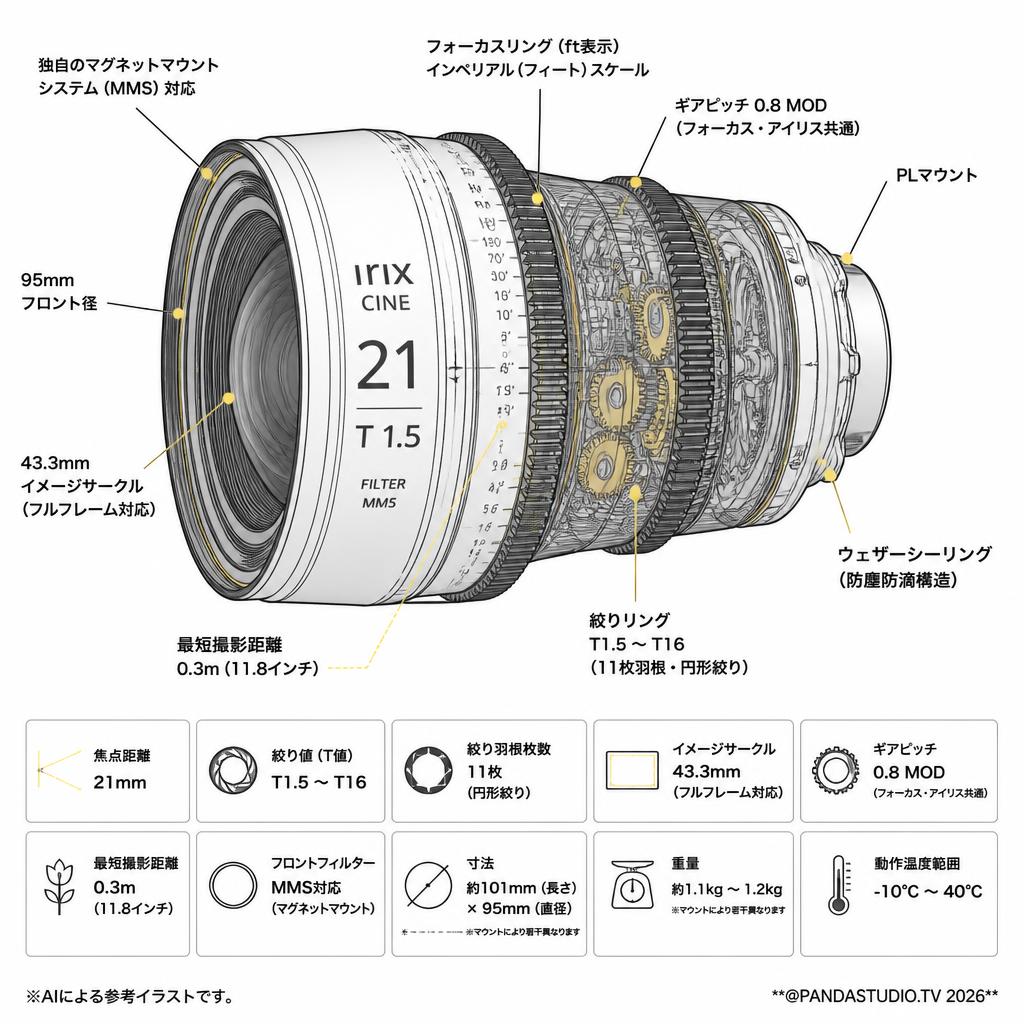 Irix Cine lens 21mm T1.5 PL マウント Imperial フィート表示（IL-C21-PL-I） スペック