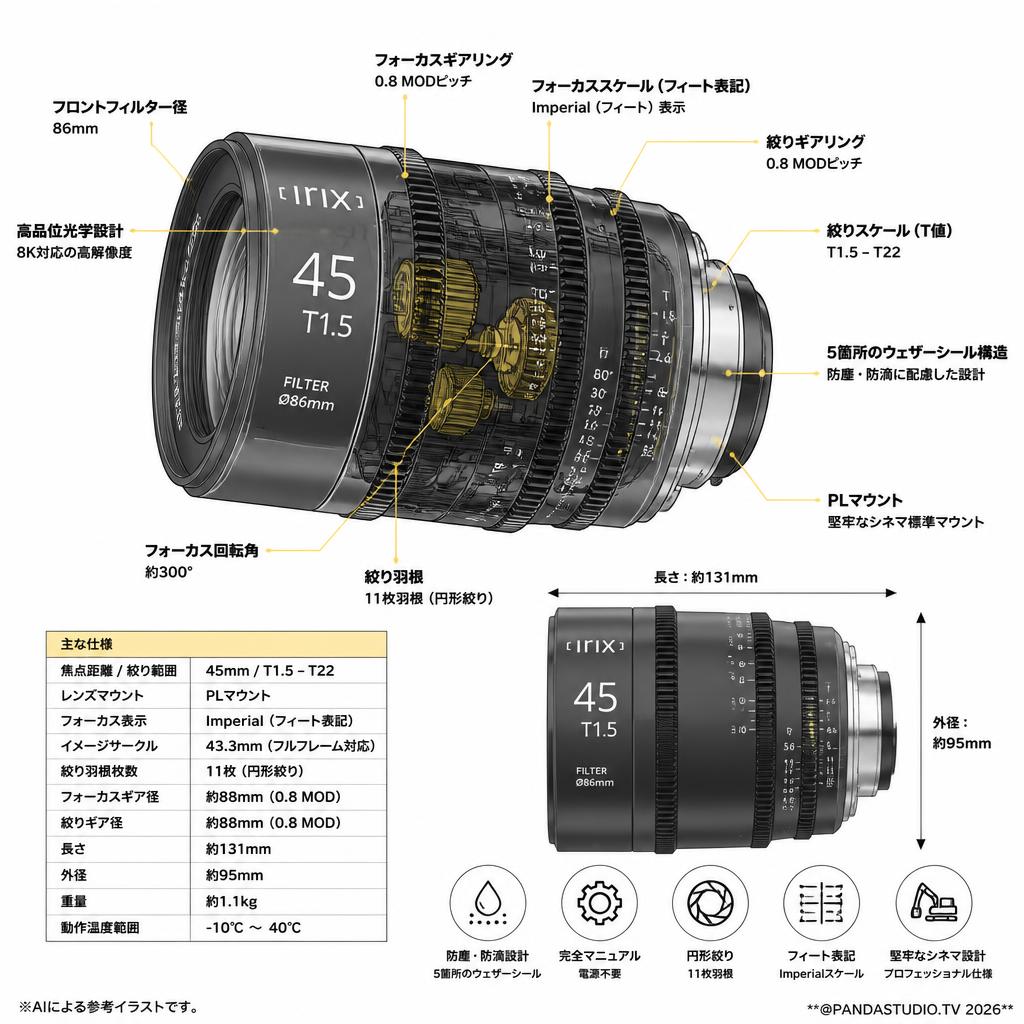 Irix Cine lens 45mm T1.5 PL マウント Imperial フィート表示 （IL-C45-PL-I） スペック