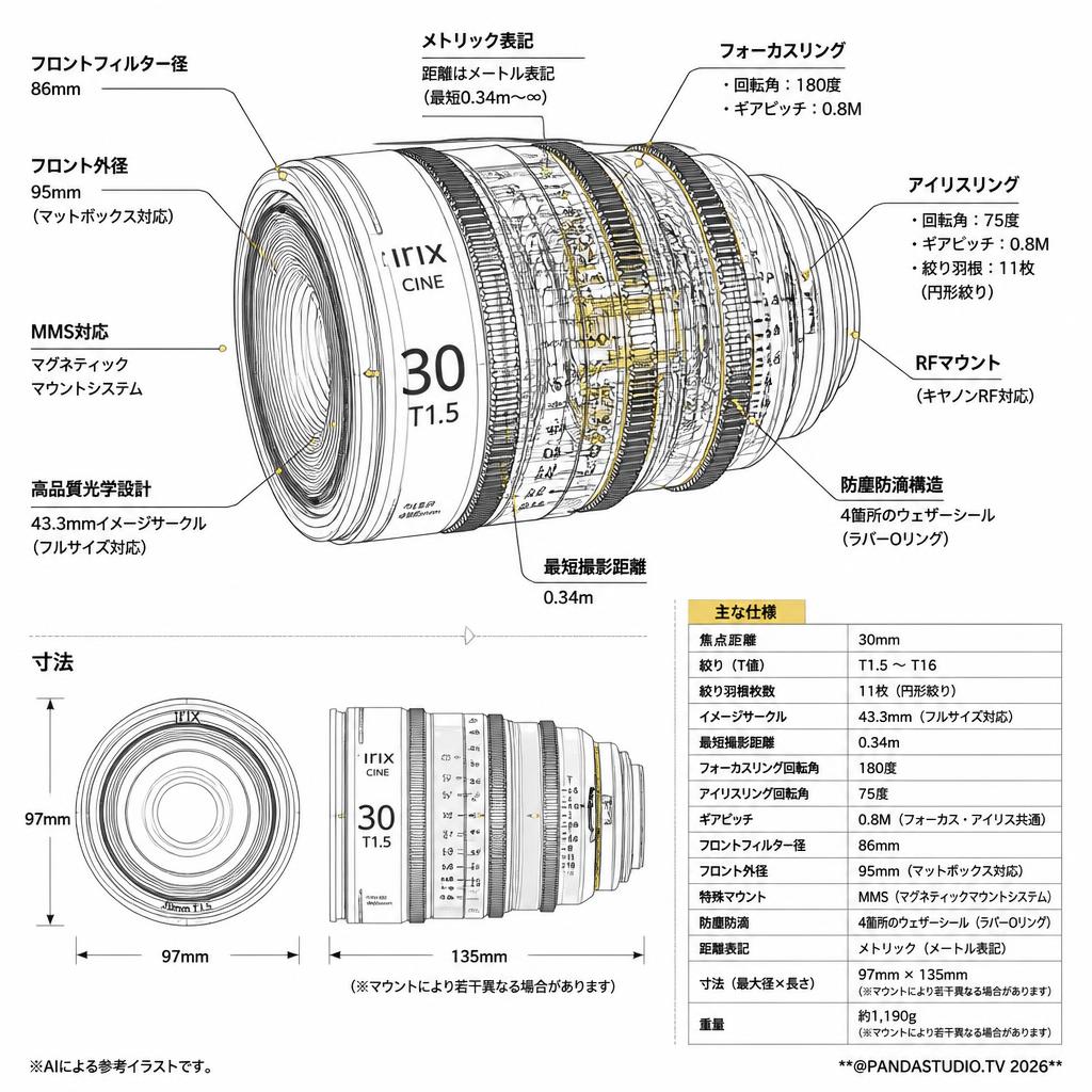 Irix Cine lens 30mm T1.5 キャノンRF マウント メトリック（IL-C30-RF-M） スペック