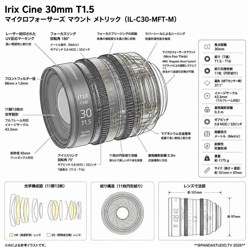 Irix Cine lens 30mm T1.5 マイクロフォーサーズ マウント メトリック（IL-C30-MFT-M） スペック