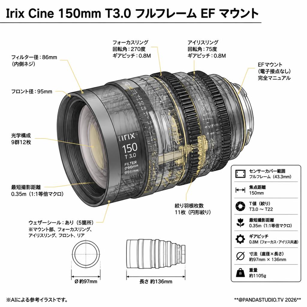 Irix Cine 150mm T3.0 フルフレーム EF マウント スペック