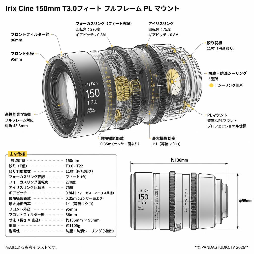 Irix Cine 150mm T3.0フィート フルフレーム PL マウント スペック