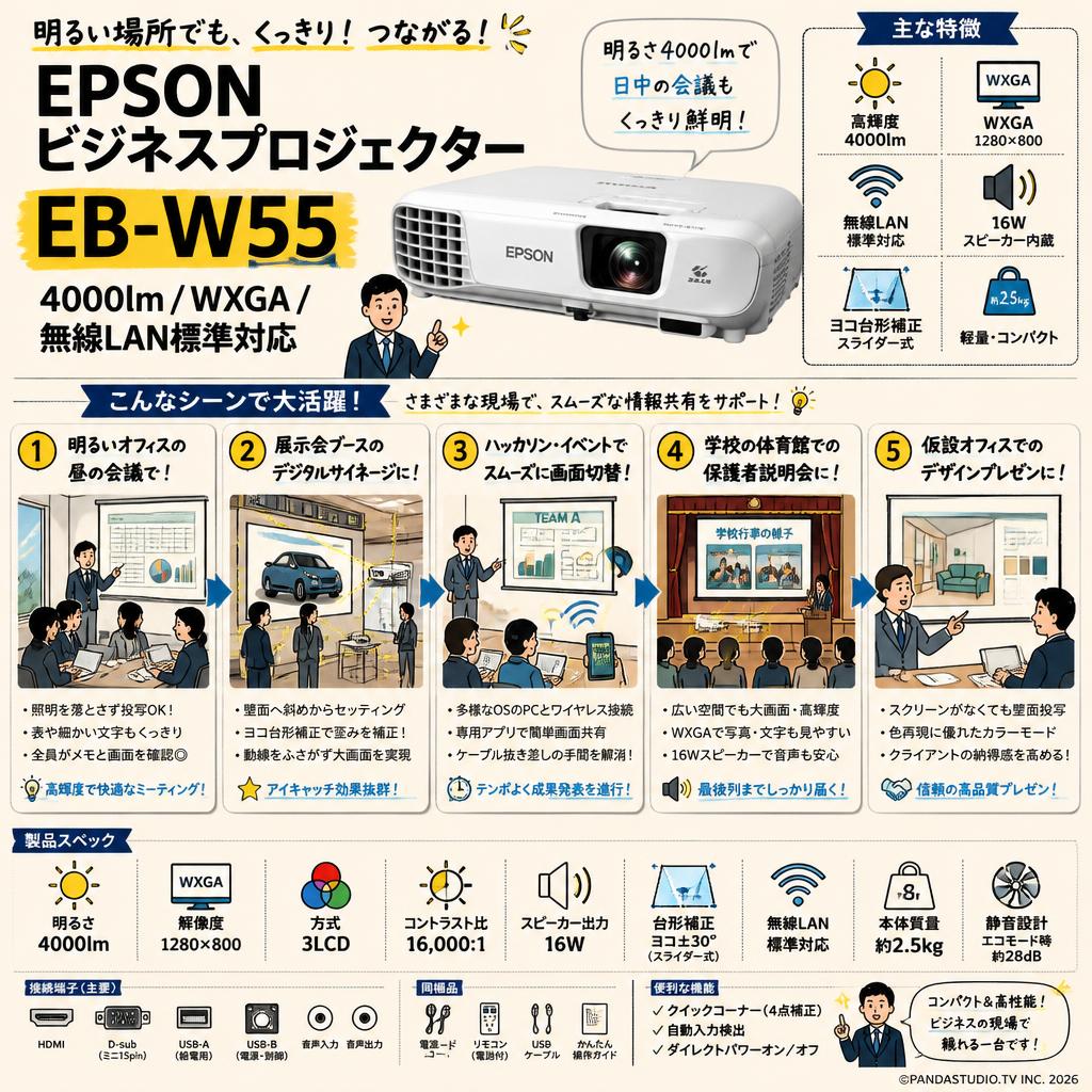 EPSON ビジネスプロジェクター EB-W55 4000lm WXGA 無線LAN標準対応 用途