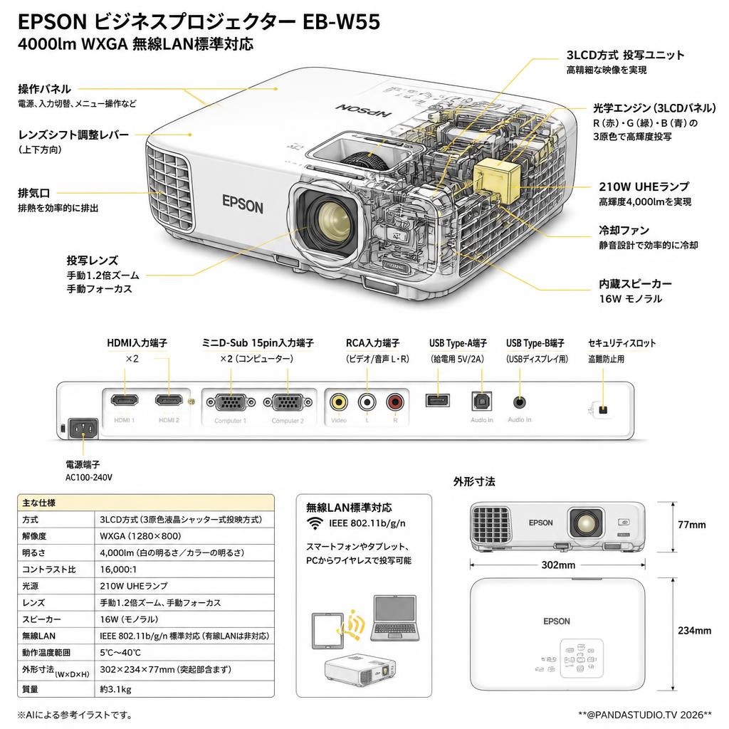 EPSON ビジネスプロジェクター EB-W55 4000lm WXGA 無線LAN標準対応 スペック