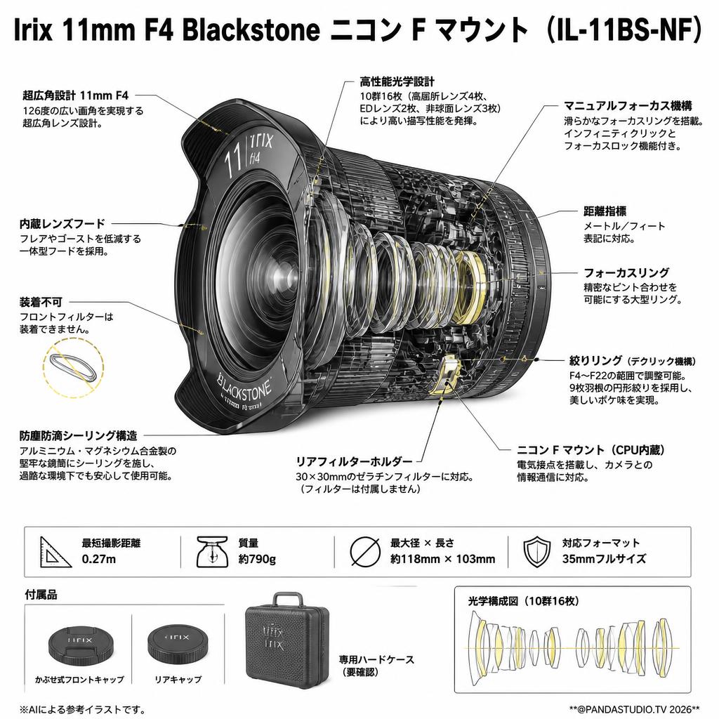 Irix 11mm F4 Blackstone ニコン F マウント （IL-11BS-NF） スペック