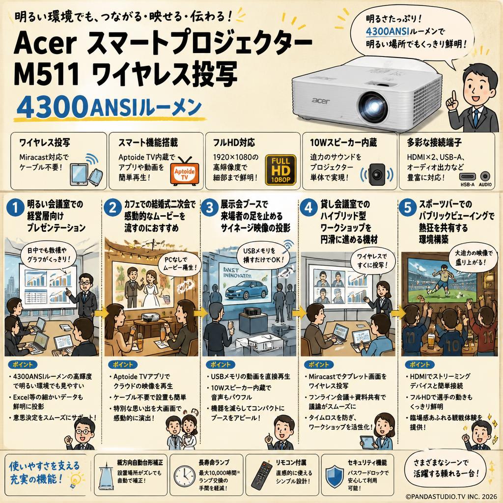 Acer スマートプロジェクター M511 ワイヤレス投写 4300ANSIルーメン 用途