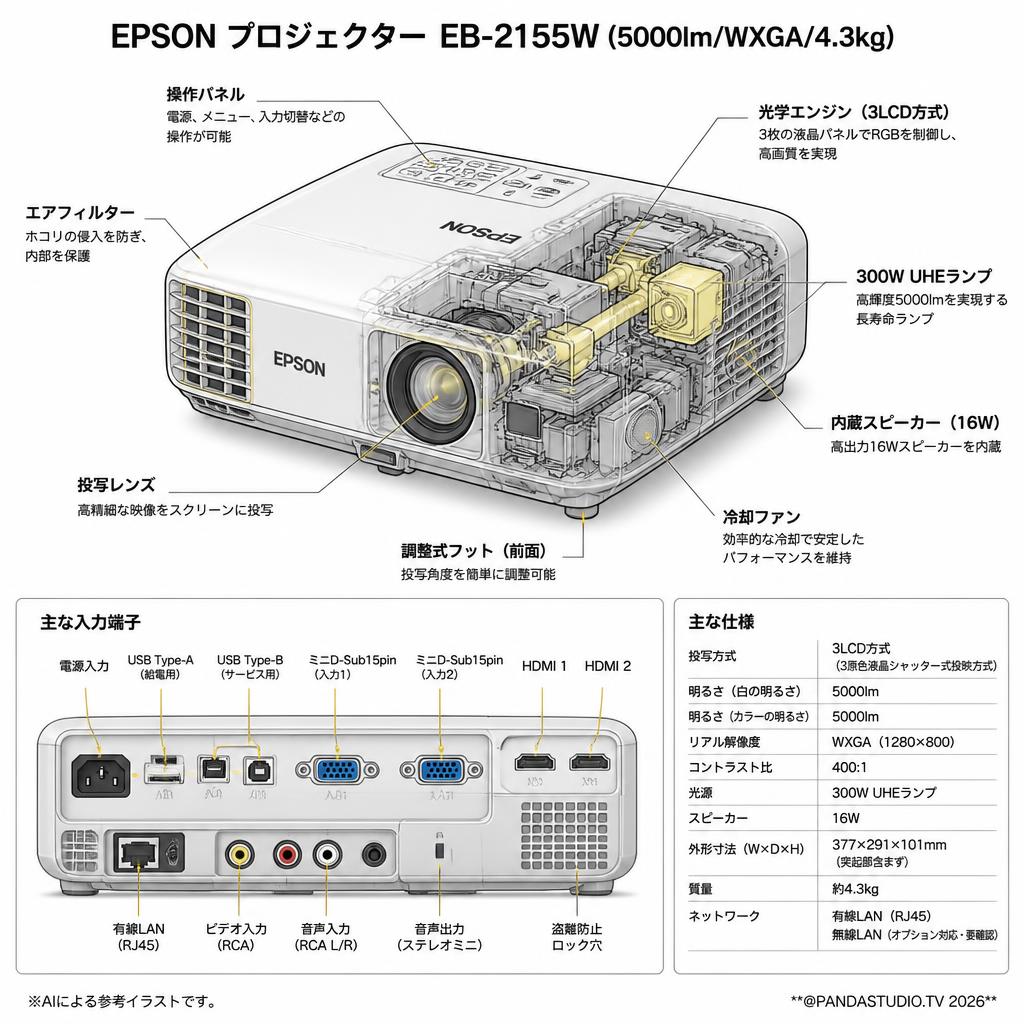 EPSON プロジェクター EB-2155W (5000lm/WXGA/4.3kg) スペック