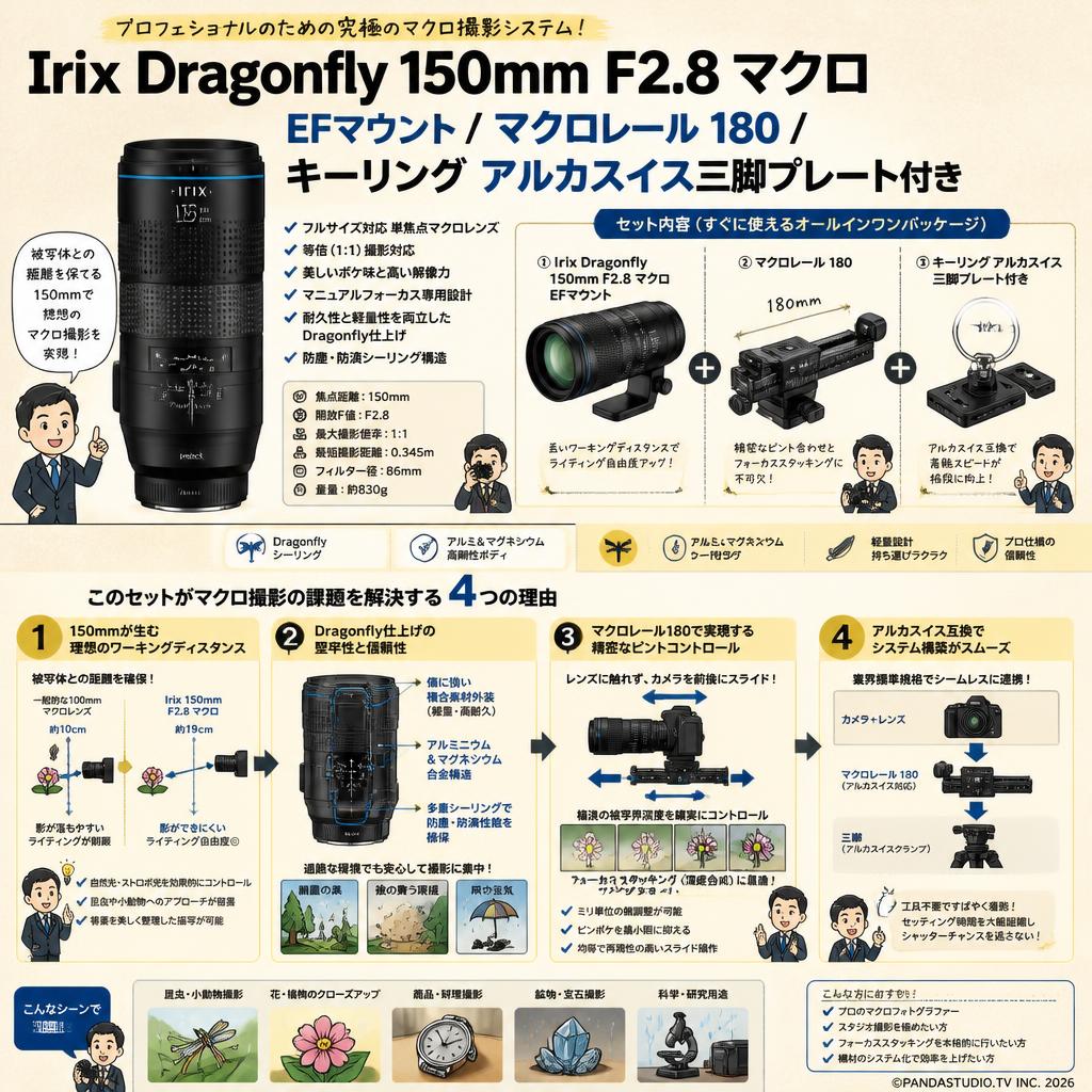 Irix Doragonfly 150mm F2.8 マクロ EFマウント/ マクロレール 180 / キーリング アルカスイス三脚プレート付き 概要