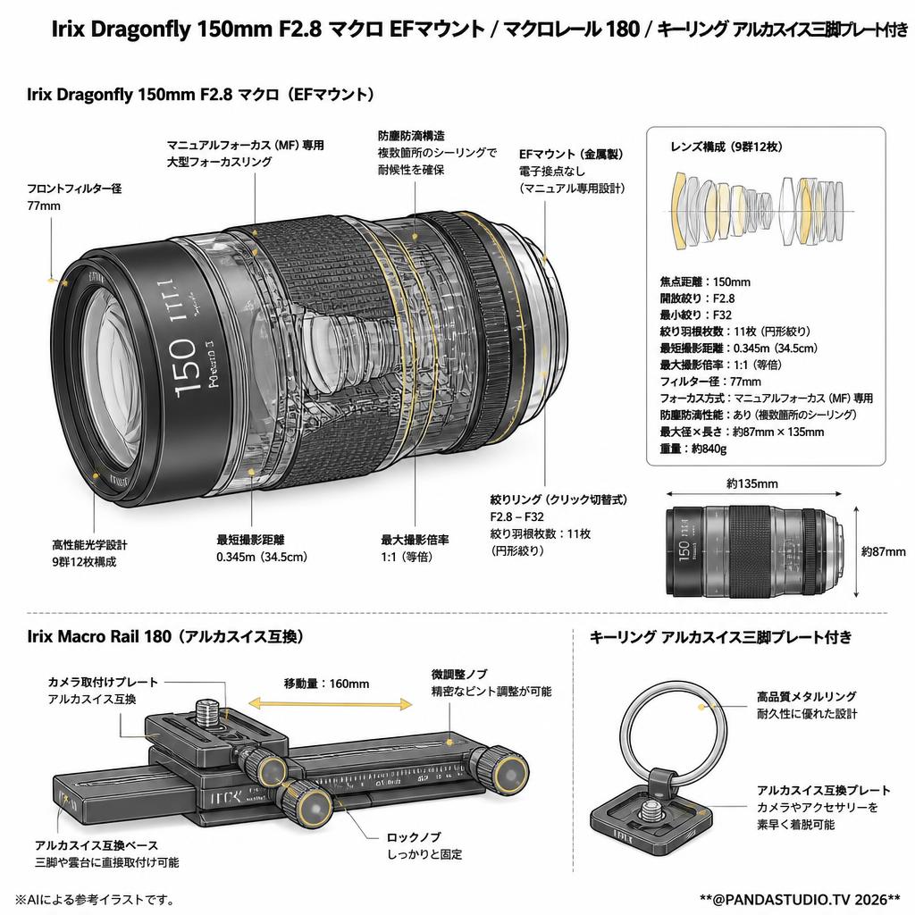Irix Doragonfly 150mm F2.8 マクロ EFマウント/ マクロレール 180 / キーリング アルカスイス三脚プレート付き スペック