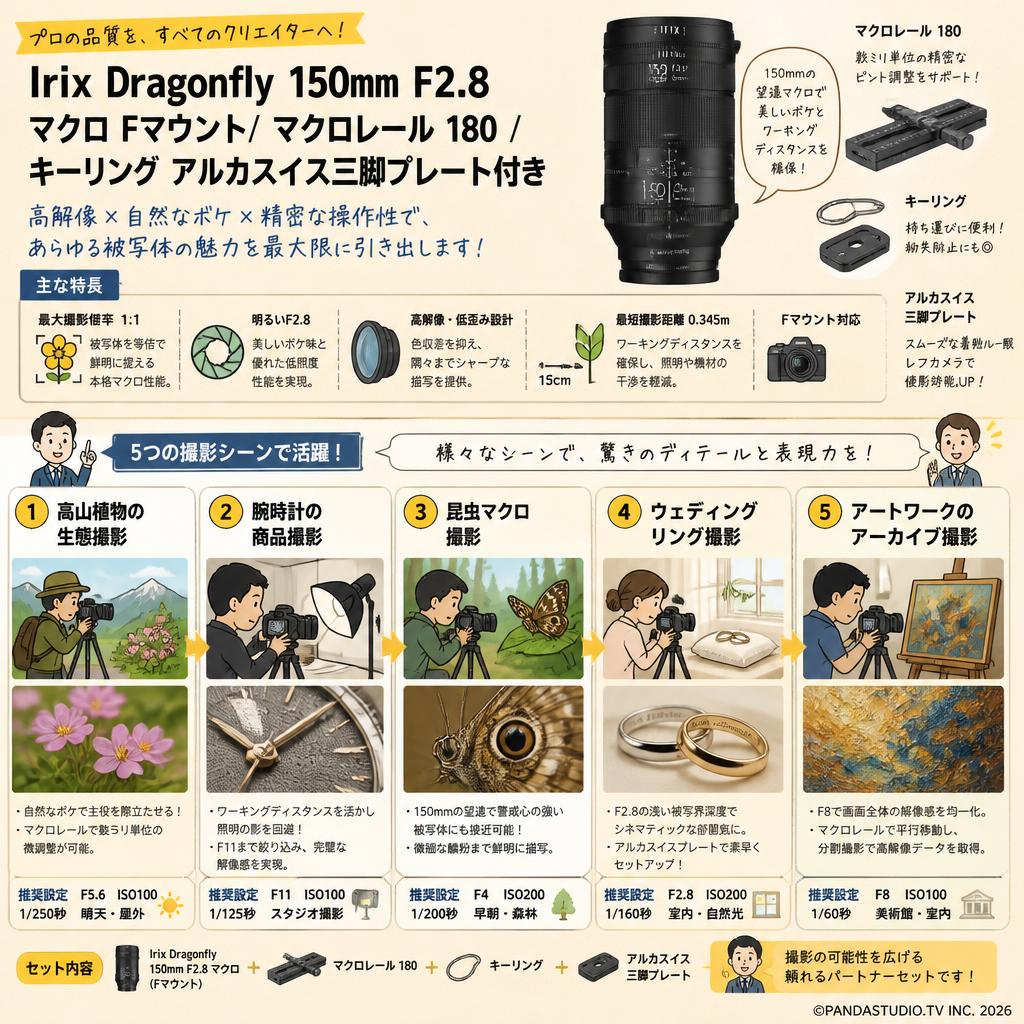 Irix Doragonfly 150mm F2.8 マクロ Fマウント/ マクロレール 180 / キーリング アルカスイス三脚プレート付き 用途