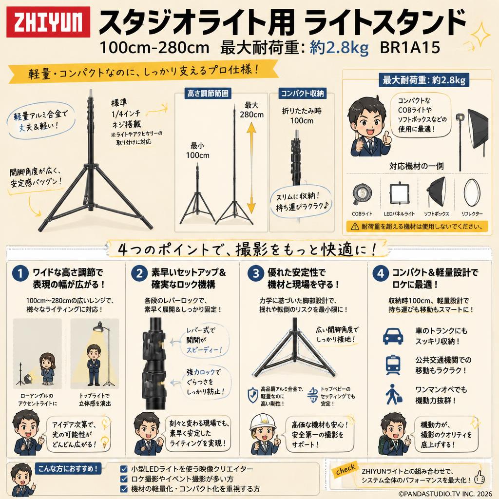 ZHIYUN スタジオライト用 ライトスタンド 100cm-280cm 最大耐荷重: 約2.8kg BR1A15 概要