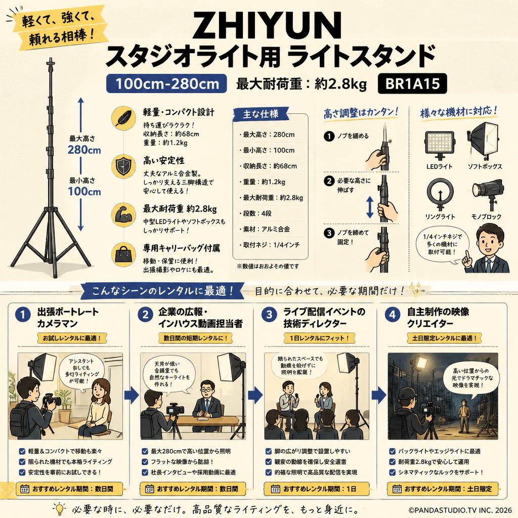 ZHIYUN スタジオライト用 ライトスタンド 100cm-280cm 最大耐荷重: 約2.8kg BR1A15 おもな対象のお客様