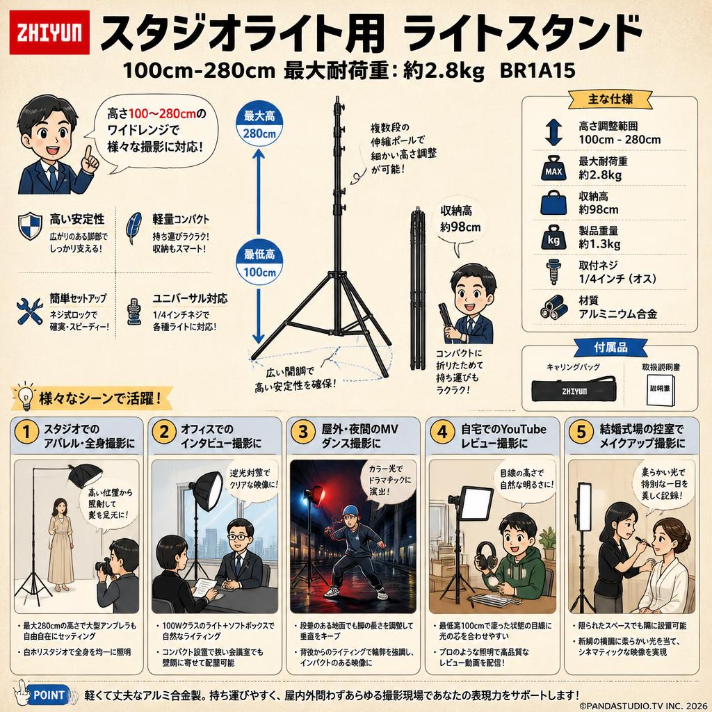ZHIYUN スタジオライト用 ライトスタンド 100cm-280cm 最大耐荷重: 約2.8kg BR1A15 用途