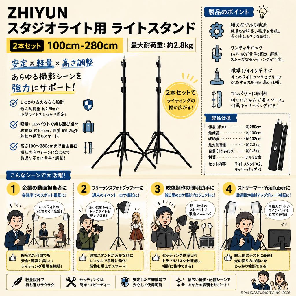 ZHIYUN スタジオライト用 ライトスタンド 2本セット 100cm-280cm 最大耐荷重: 約2.8kg BR1A15 おもな対象のお客様