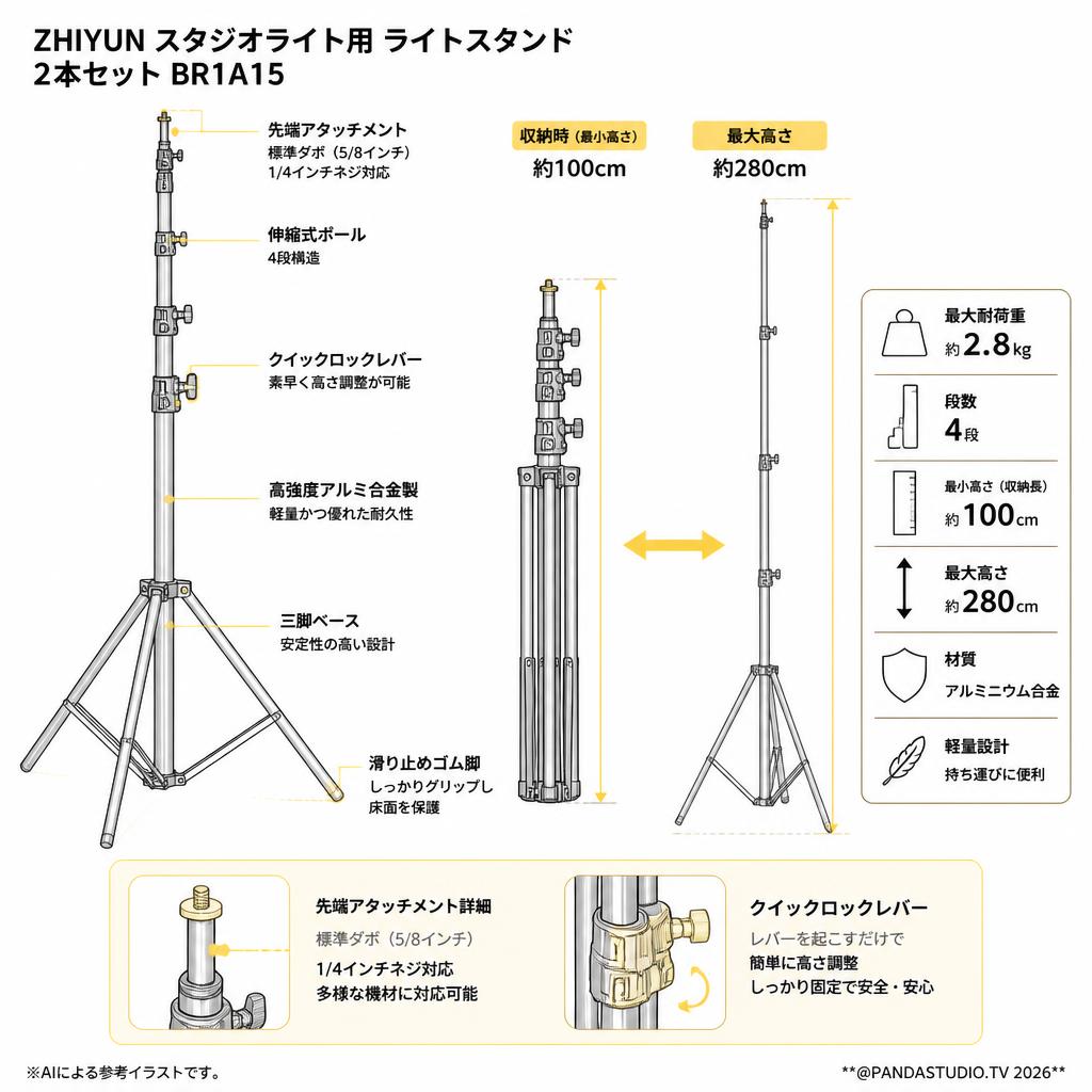 ZHIYUN スタジオライト用 ライトスタンド 2本セット 100cm-280cm 最大耐荷重: 約2.8kg BR1A15 スペック