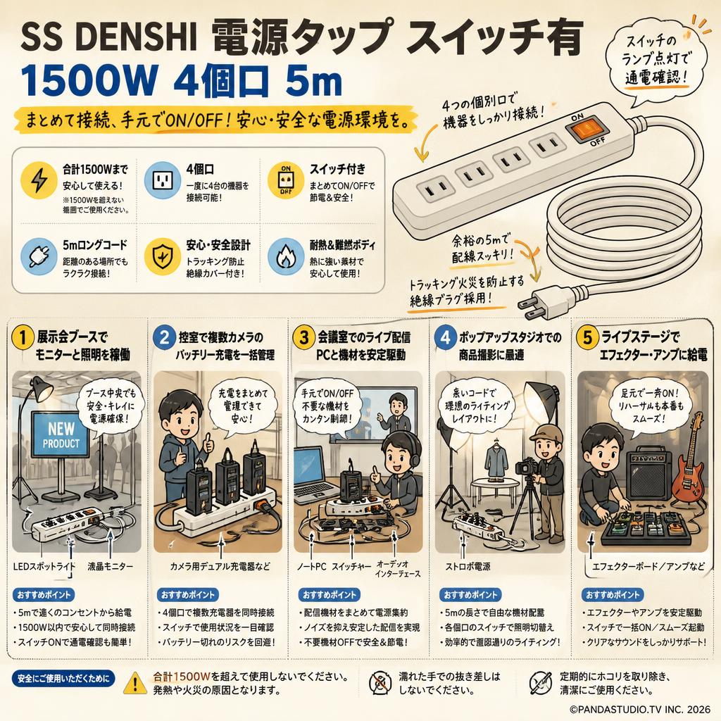 SS DENSHI 電源タップ スイッチ有 1500W 4個口 5m 用途