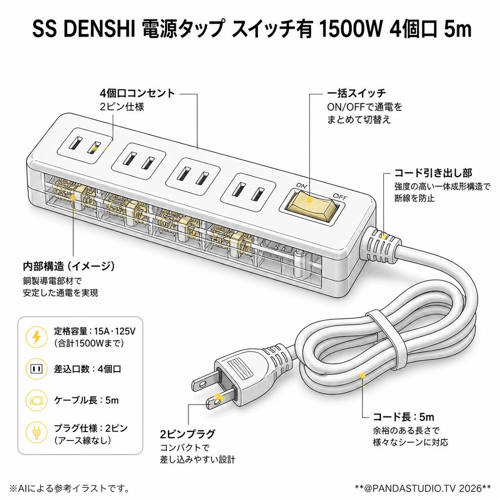 SS DENSHI 電源タップ スイッチ有 1500W 4個口 5m スペック