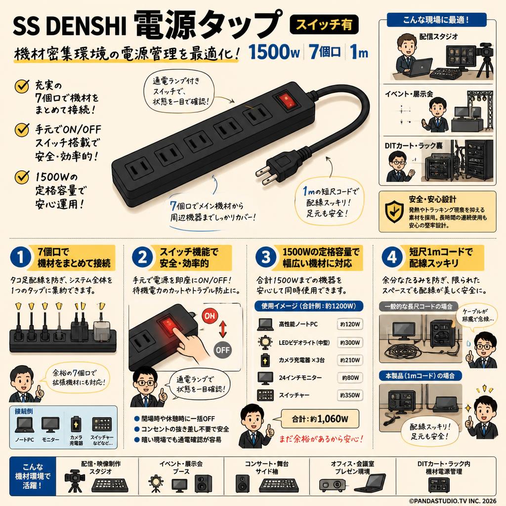 SS DENSHI 電源タップ スイッチ有 1500W 7個口 1m 概要
