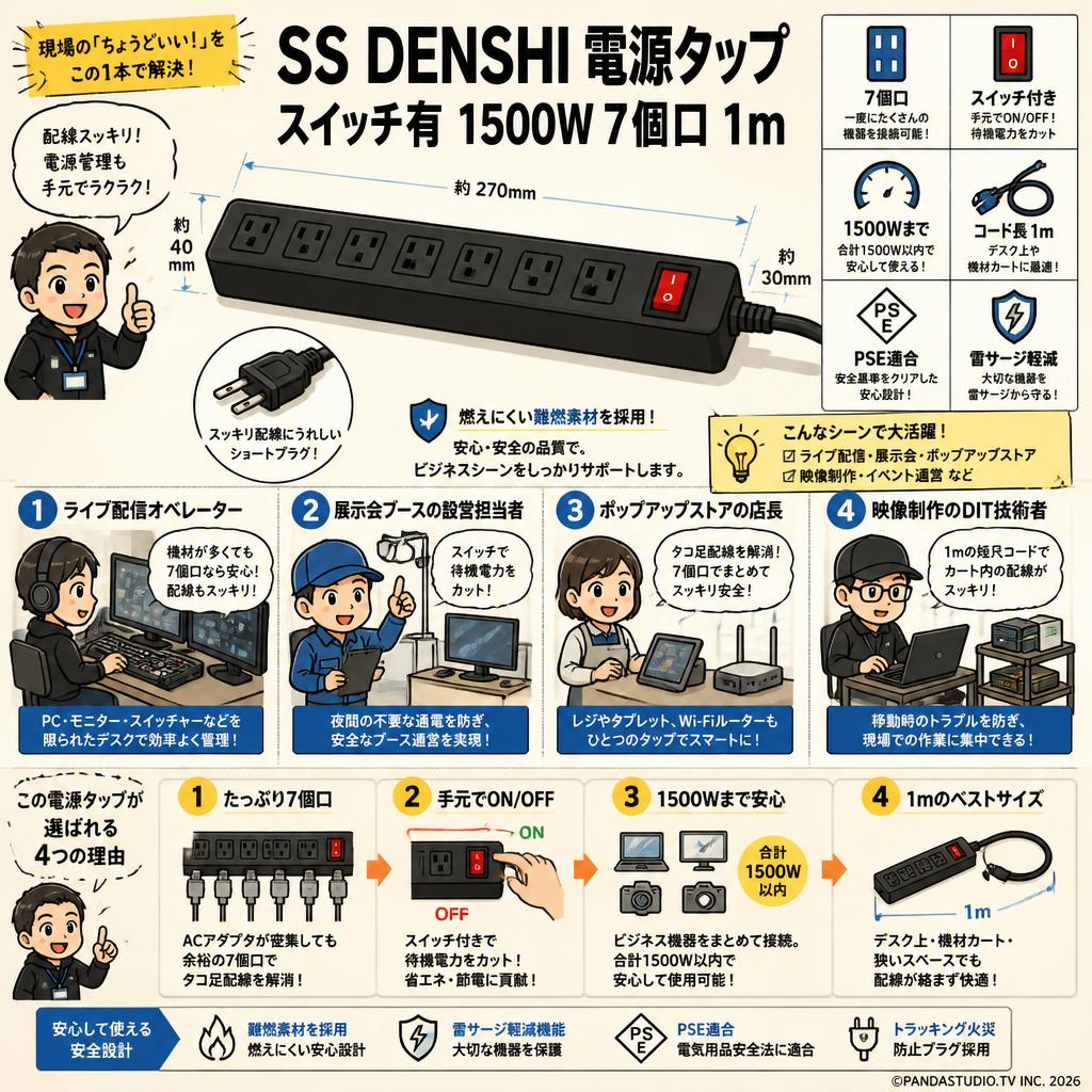SS DENSHI 電源タップ スイッチ有 1500W 7個口 1m おもな対象のお客様