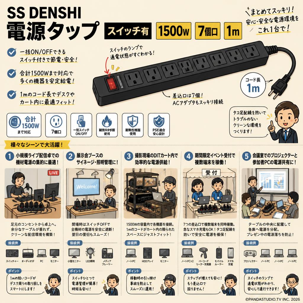 SS DENSHI 電源タップ スイッチ有 1500W 7個口 1m 用途