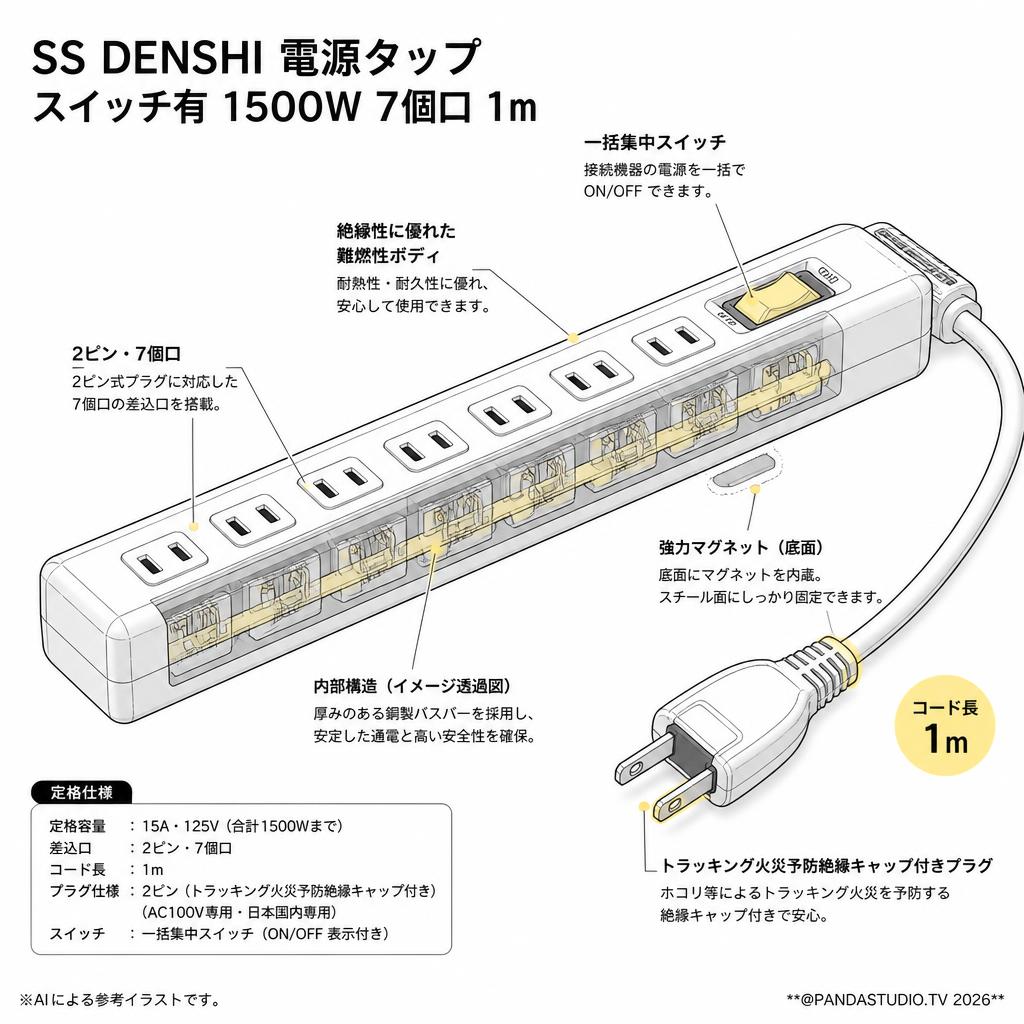 SS DENSHI 電源タップ スイッチ有 1500W 7個口 1m スペック