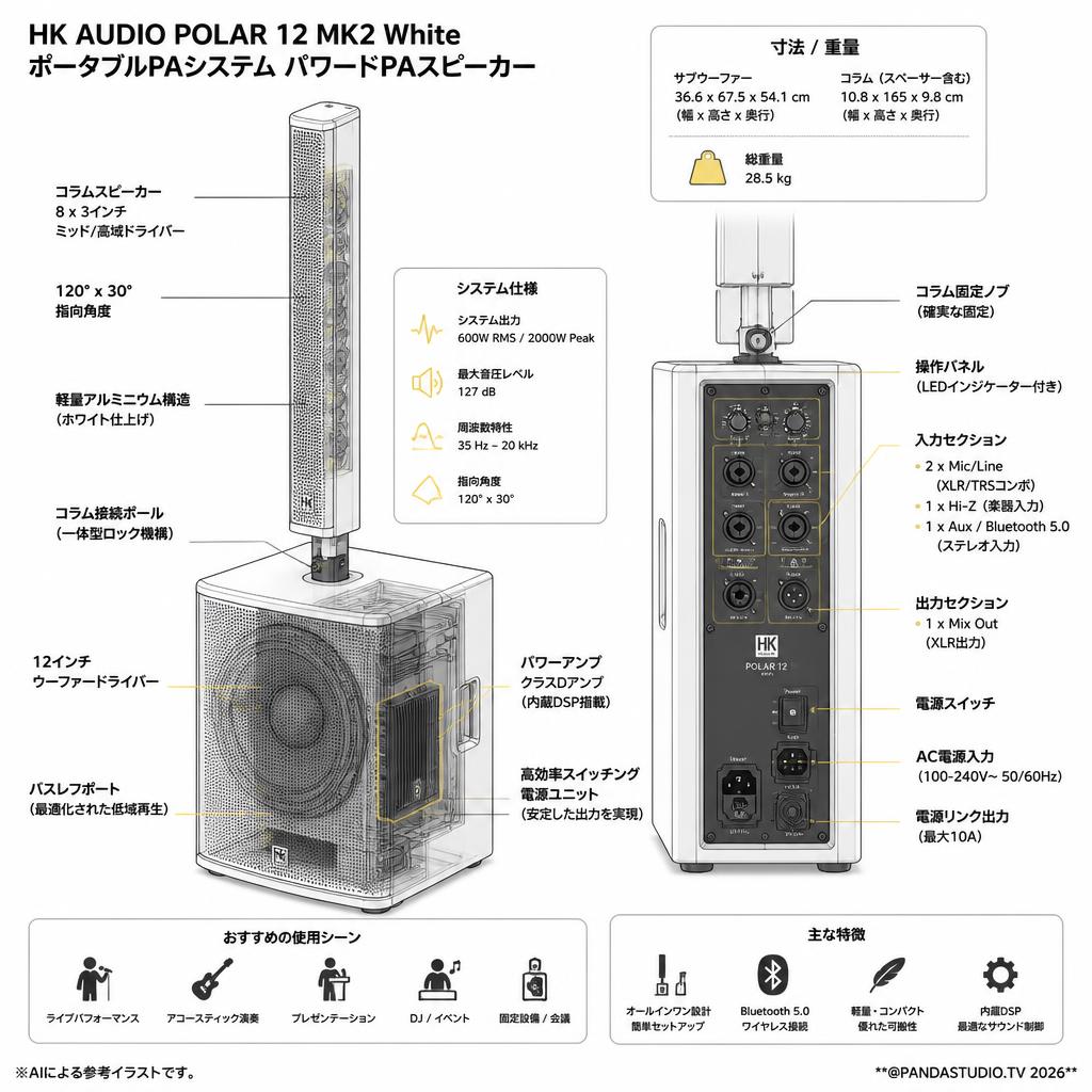 HK AUDIO POLAR 12 MK2 White ポータブルPAシステム パワードPAスピーカー スペック