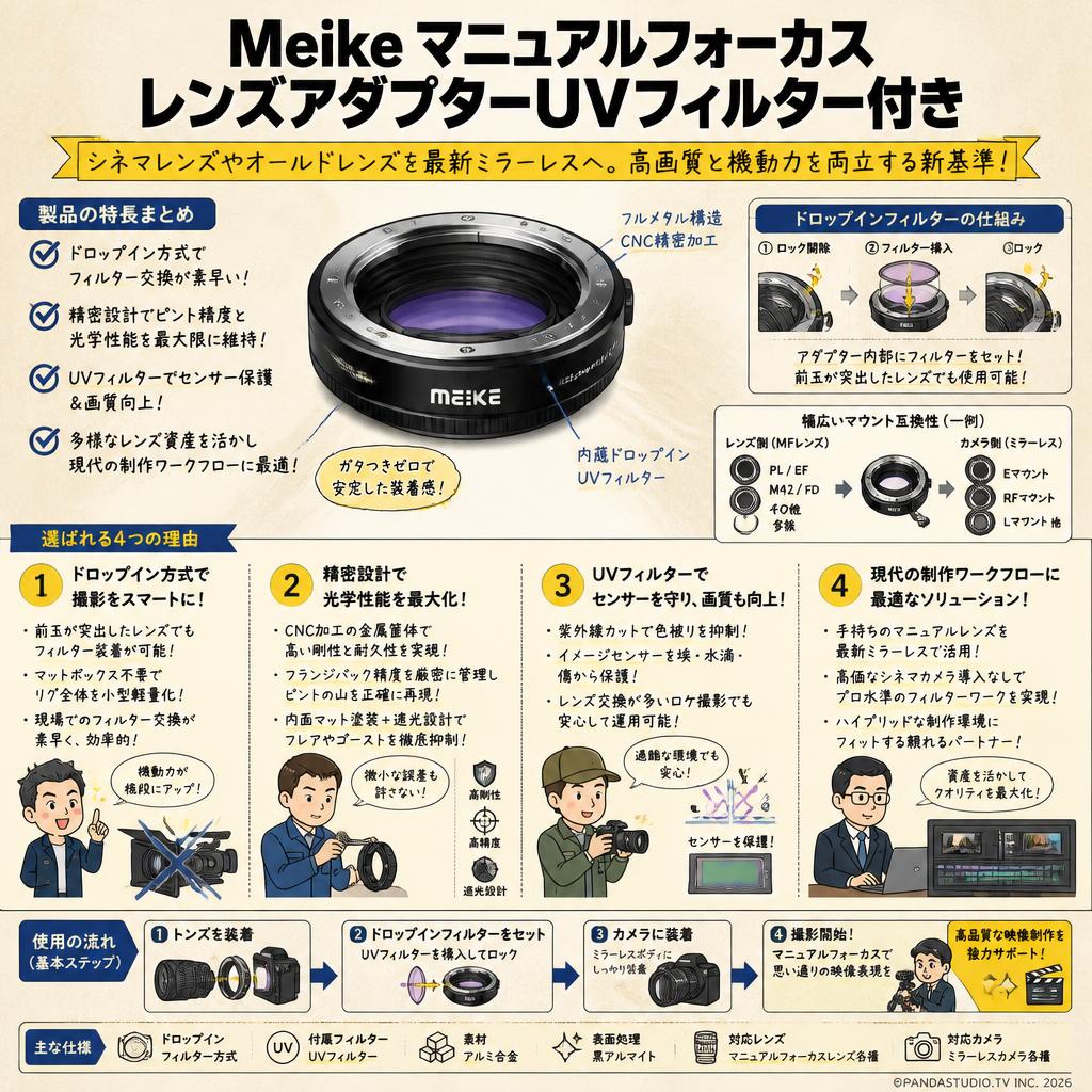 Meike マニュアルフォーカスレンズアダプターUVフィルター付き 概要