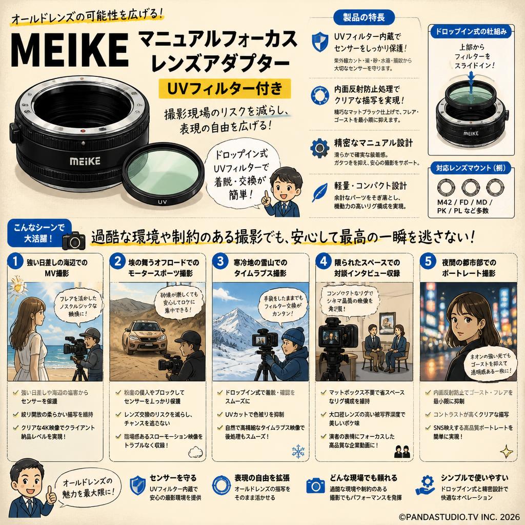 Meike マニュアルフォーカスレンズアダプターUVフィルター付き 用途