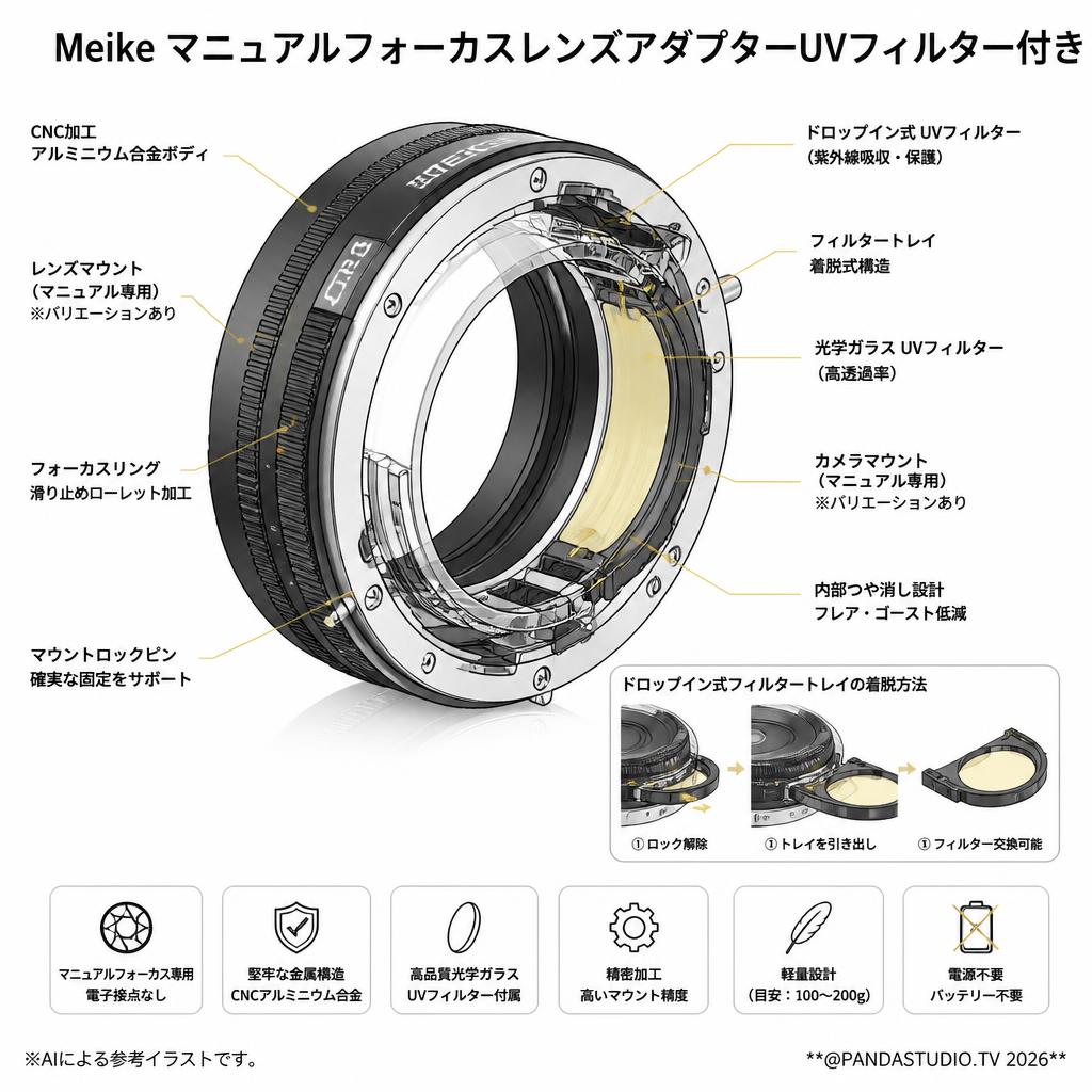 Meike マニュアルフォーカスレンズアダプターUVフィルター付き スペック