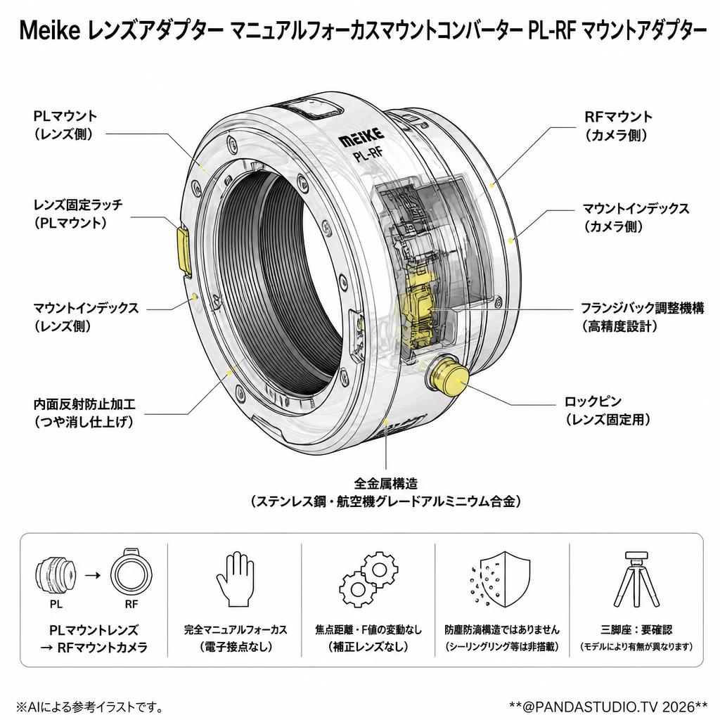 Meike レンズアダプター マニュアルフォーカスマウントコンバーター PL-RF マウントアダプター スペック
