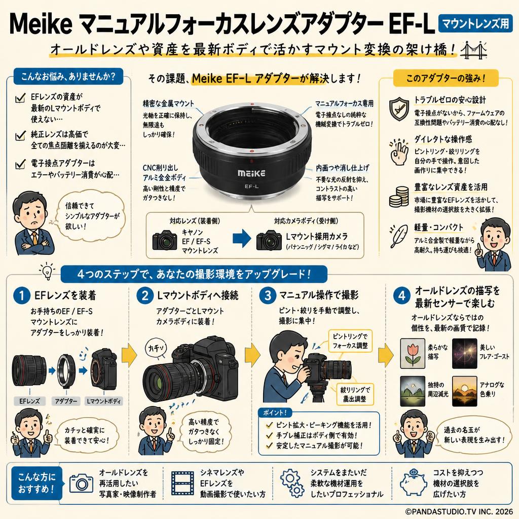 Meike マニュアルフォーカスレンズアダプター EF-L マウントレンズ用 概要
