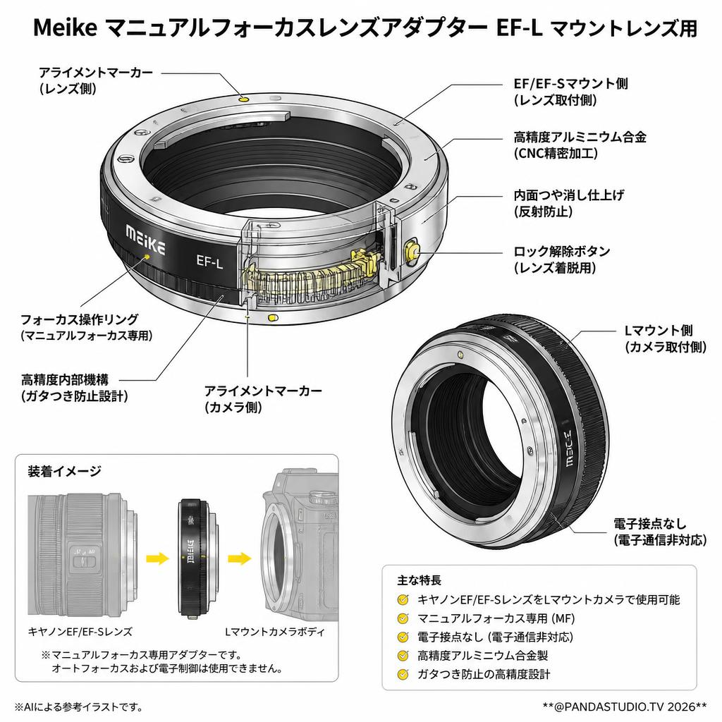 Meike マニュアルフォーカスレンズアダプター EF-L マウントレンズ用 スペック