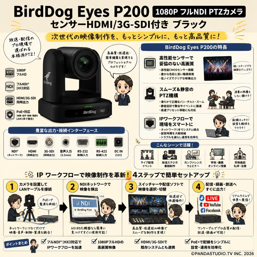 BirdDog Eyes P200 1080P フルNDI PTZカメラ センサーHDMI/3G-SDI付き ブラック 概要