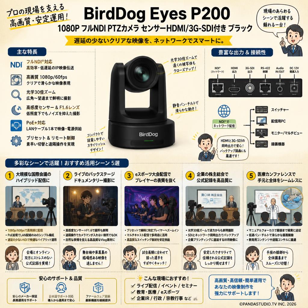 BirdDog Eyes P200 1080P フルNDI PTZカメラ センサーHDMI/3G-SDI付き ブラック 用途