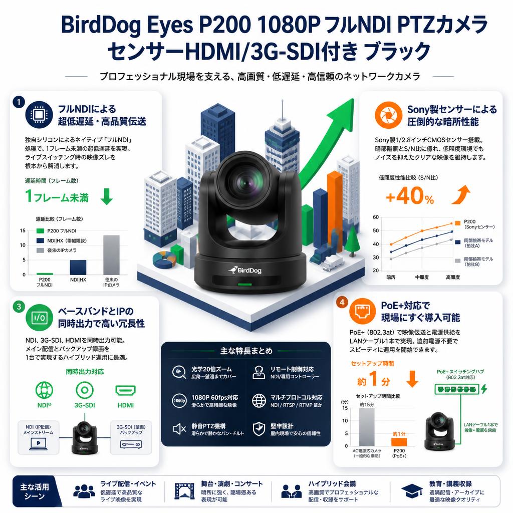 BirdDog Eyes P200 1080P フルNDI PTZカメラ センサーHDMI/3G-SDI付き ブラック セールスポイント