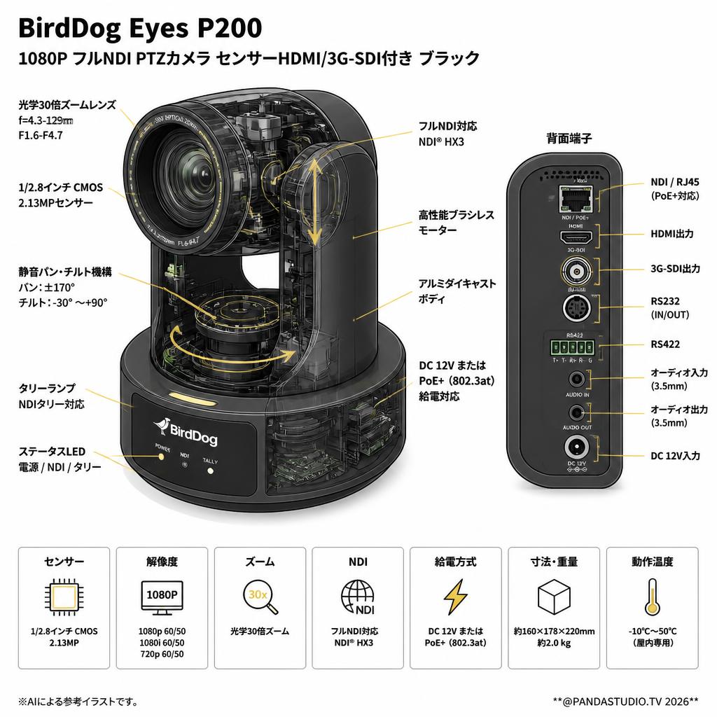 BirdDog Eyes P200 1080P フルNDI PTZカメラ センサーHDMI/3G-SDI付き ブラック スペック