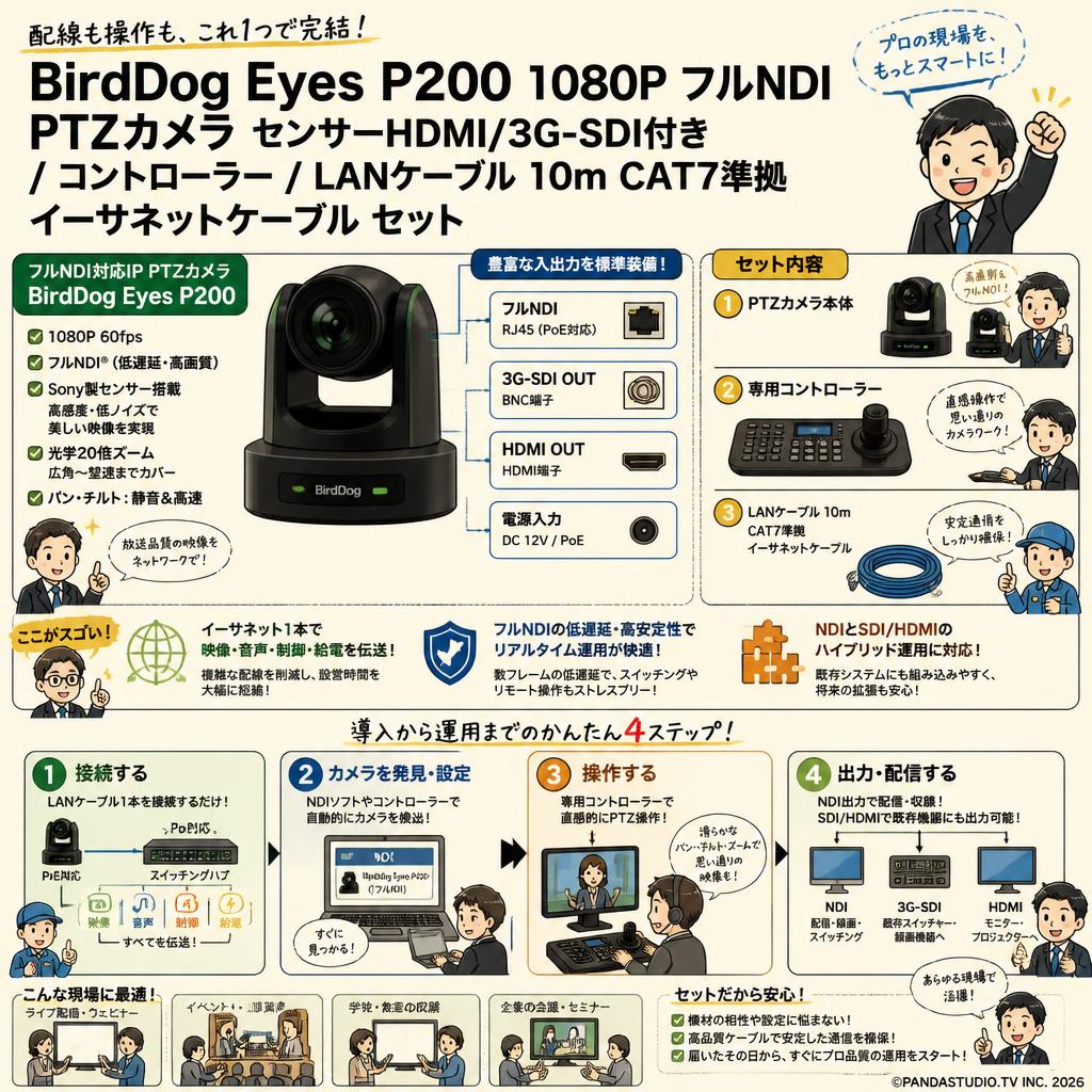 BirdDog Eyes P200 1080P フルNDI PTZカメラ センサーHDMI/3G-SDI付き / コントローラー / LANケーブル 10m CAT7準拠 イーサネットケーブル セット 概要
