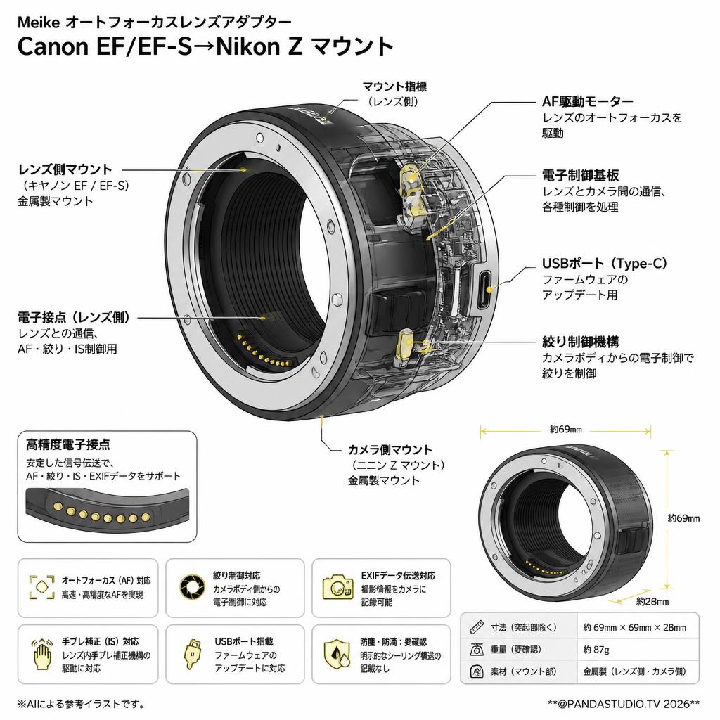 Meike オートフォーカスレンズアダプター Canon EF/EF-S→Nikon Z マウント スペック