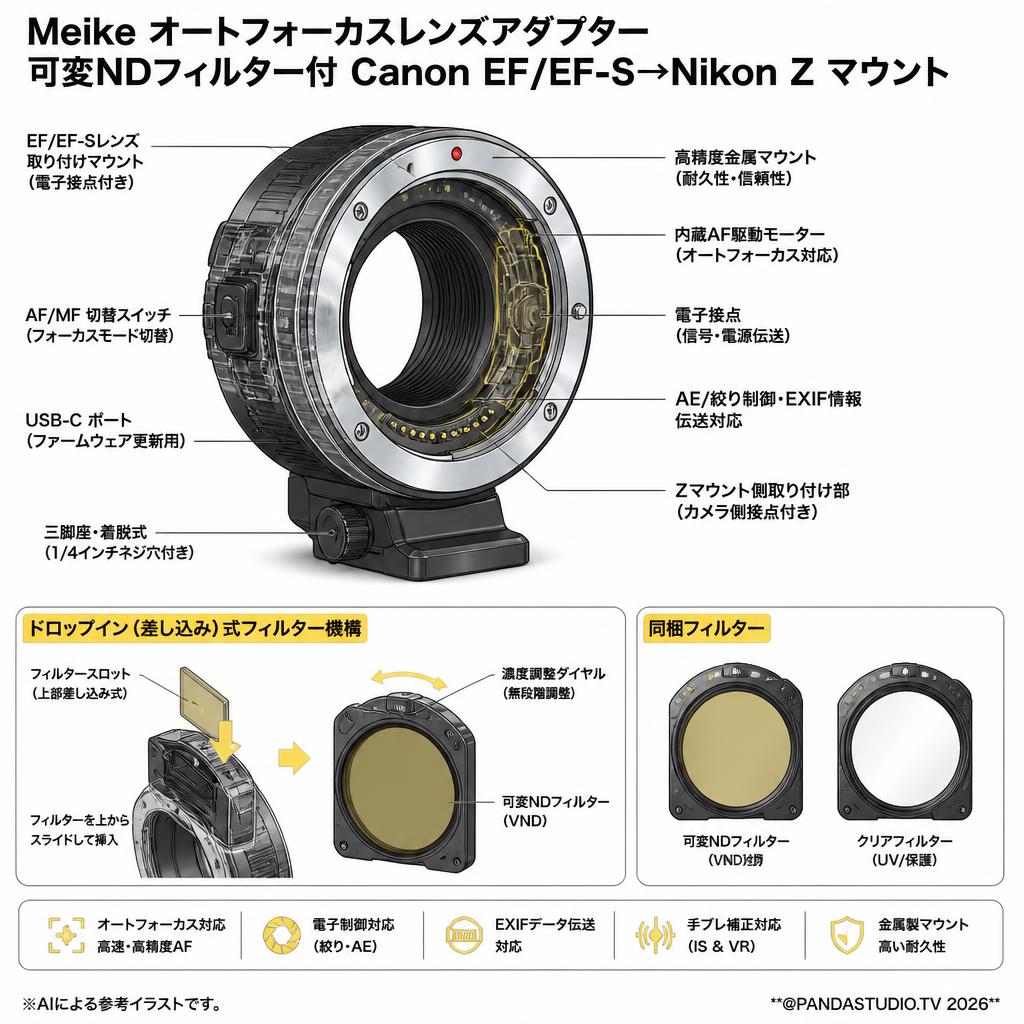 Meike オートフォーカスレンズアダプター 可変NDフィルター付 Canon EF/EF-S→Nikon Z マウント スペック
