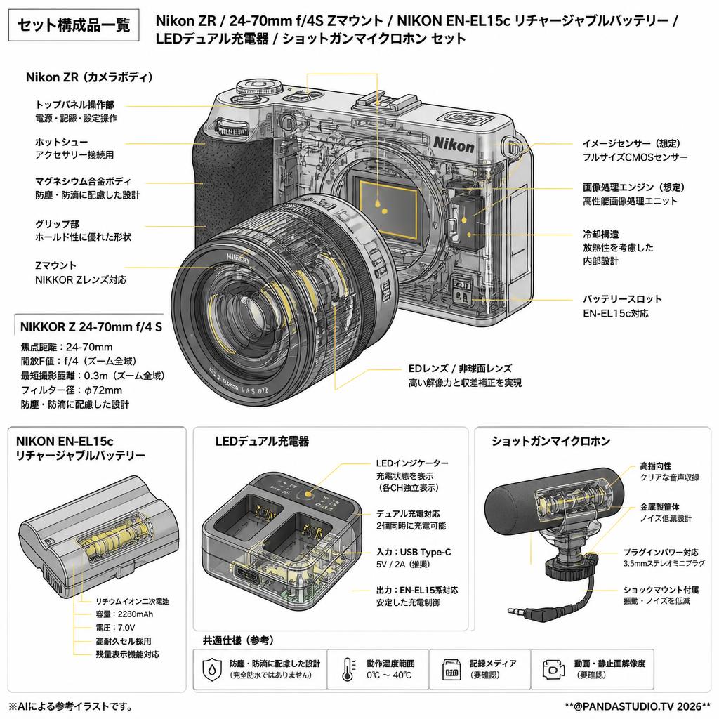 Nikon ZR / 24-70mm f4S Zマウント/ NIKON EN-EL15c リチャージャブルバッテリー / LEDデュアル充電器 / ショットガンマイクロホン セット スペック