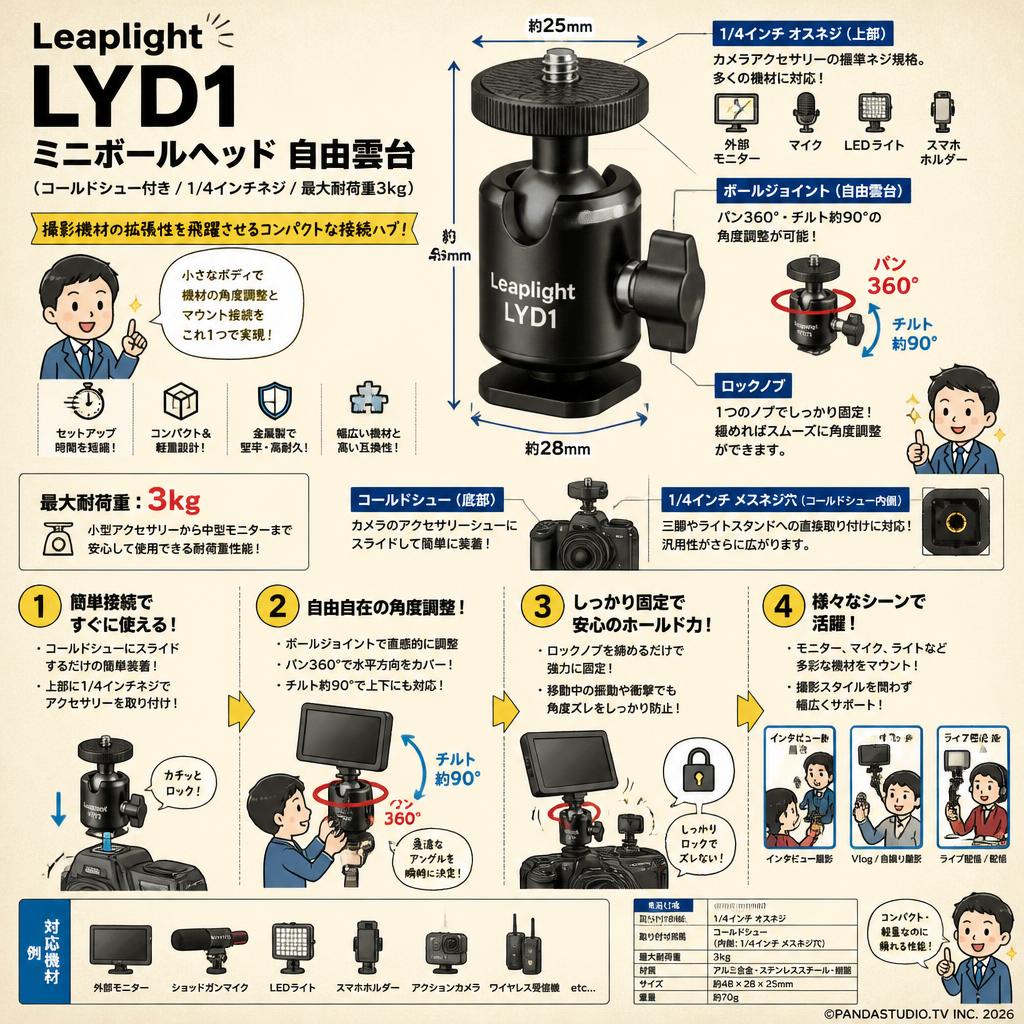 Leaplight LYD1 ミニボールヘッド　自由雲台　（コールドシュー付き / 1/4インチネジ / 最大耐荷重3kg） 概要