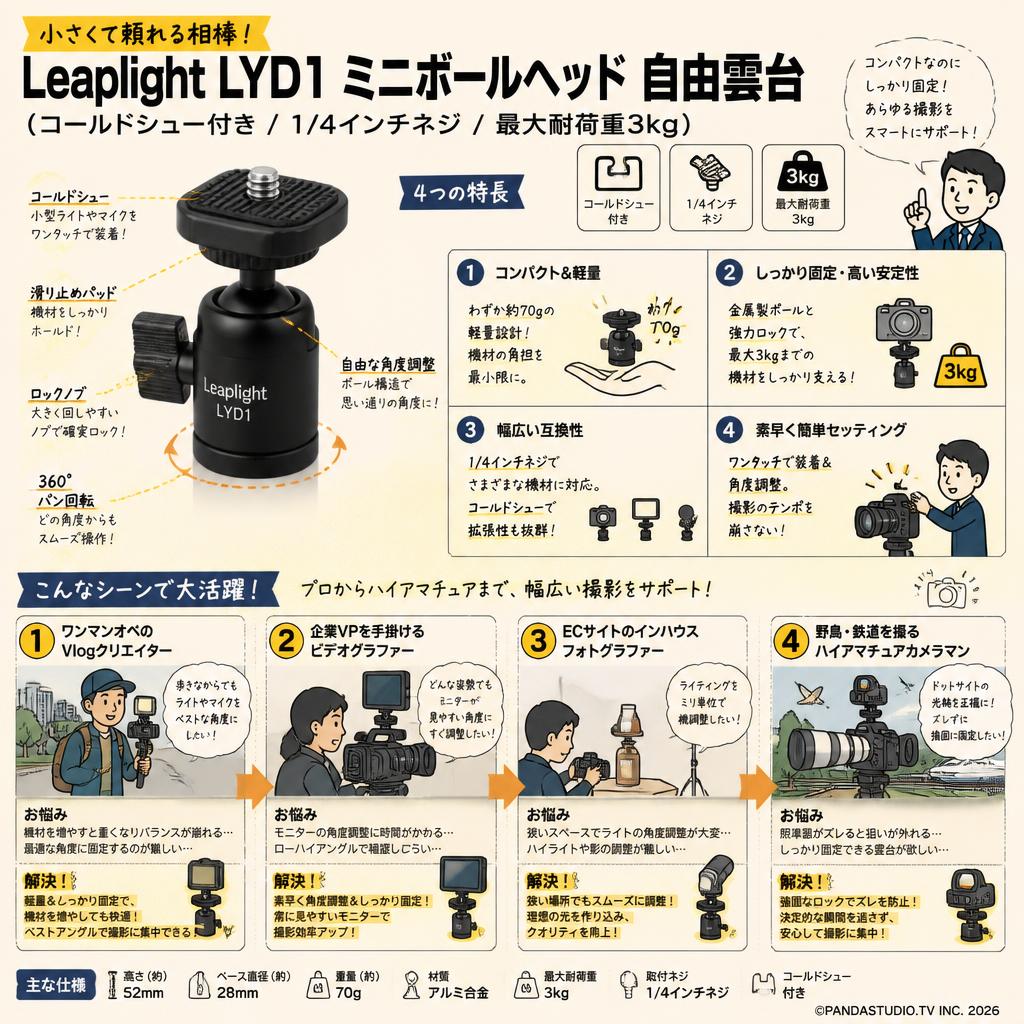 Leaplight LYD1 ミニボールヘッド　自由雲台　（コールドシュー付き / 1/4インチネジ / 最大耐荷重3kg） おもな対象のお客様