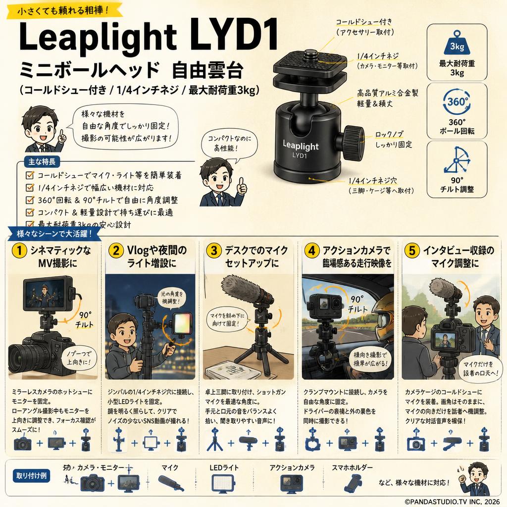 Leaplight LYD1 ミニボールヘッド　自由雲台　（コールドシュー付き / 1/4インチネジ / 最大耐荷重3kg） 用途