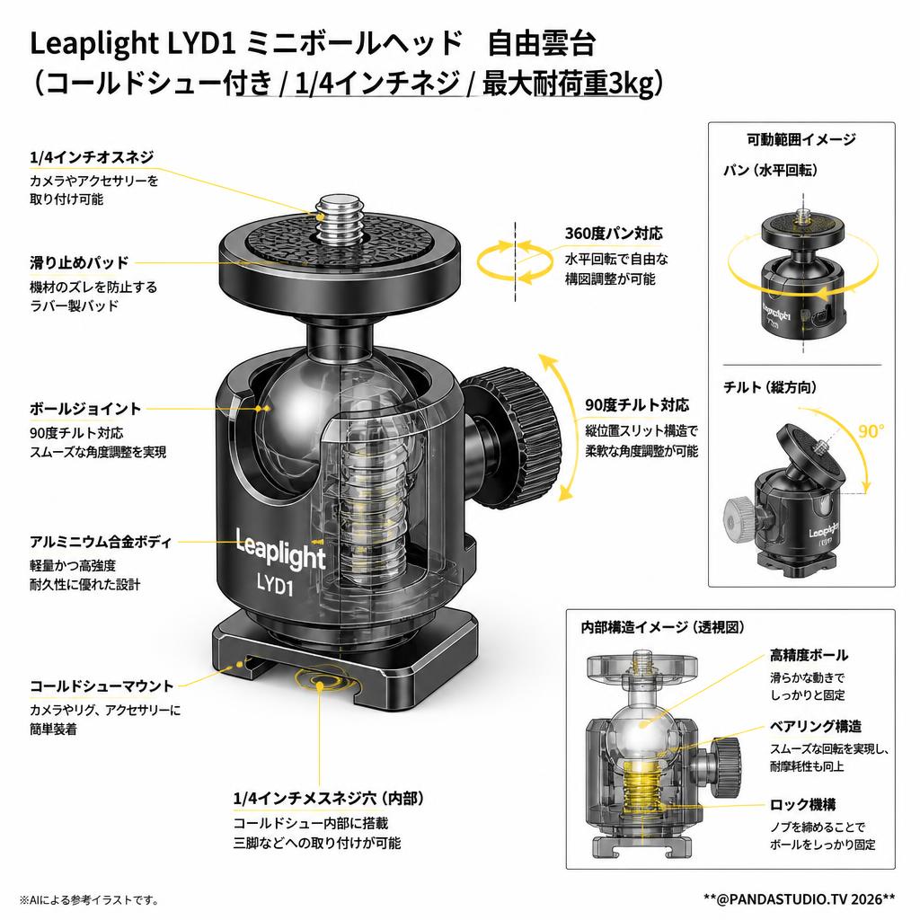 Leaplight LYD1 ミニボールヘッド　自由雲台　（コールドシュー付き / 1/4インチネジ / 最大耐荷重3kg） スペック