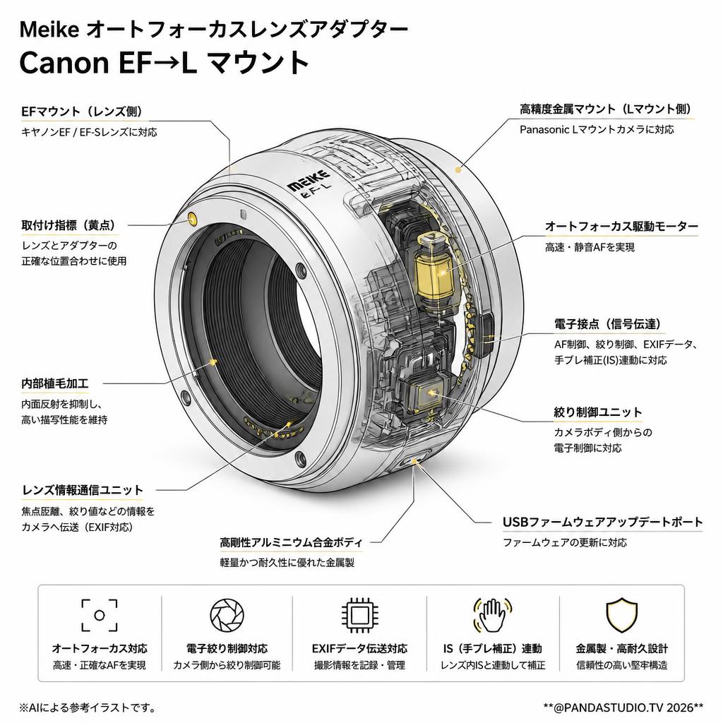 Meike オートフォーカスレンズアダプター Canon EF→L マウント スペック