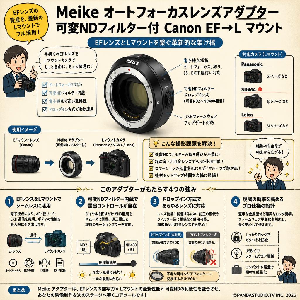 Meike オートフォーカスレンズアダプター 可変NDフィルター付 Canon EF→L マウント 概要