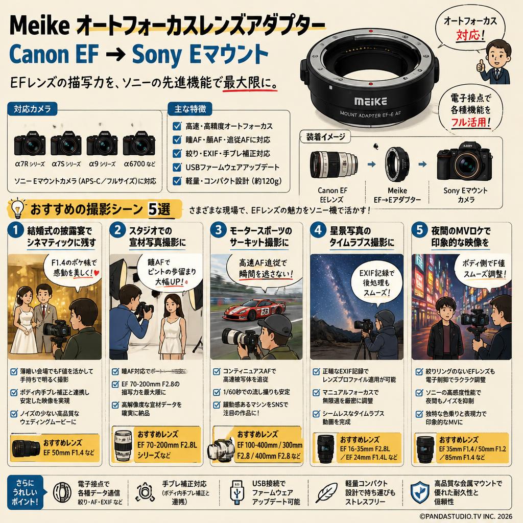 Meike オートフォーカスレンズアダプター Canon EF→Sony Eマウント 用途